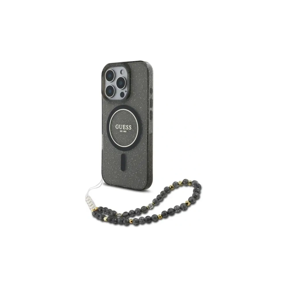 Etui Guess GUHMP16LHGCRELSK Apple iPhone 16 Pro hardcase IML Glitter With Pearl Strap MagSafe czarny/czarny