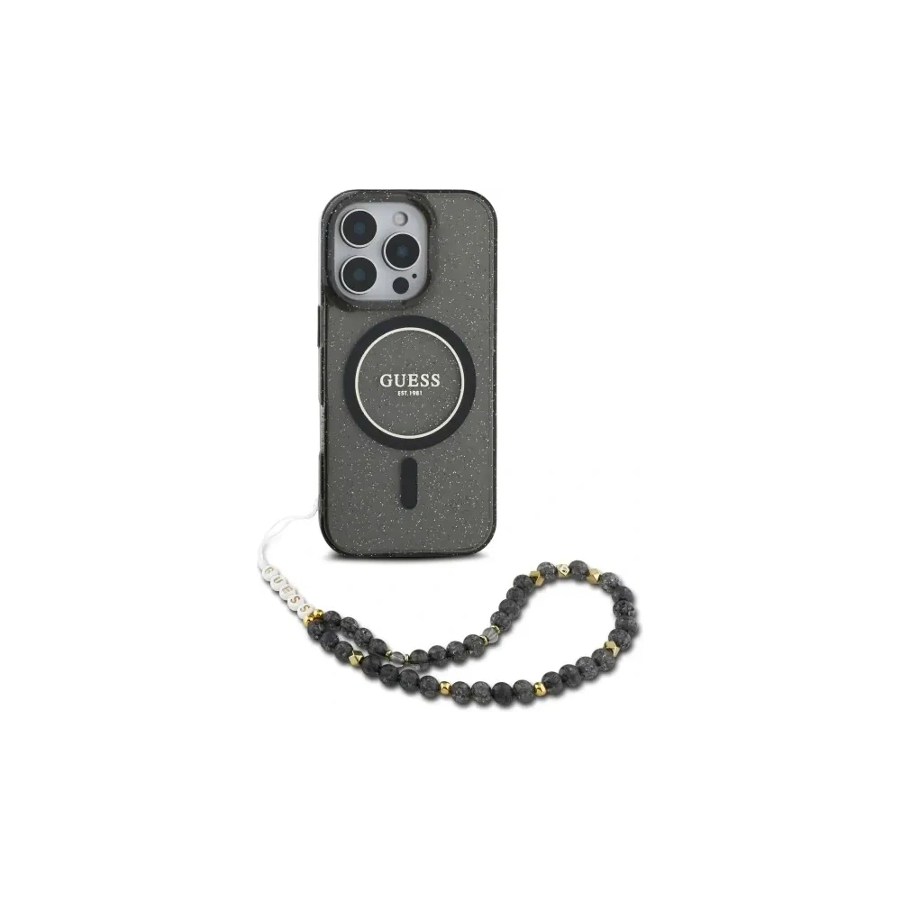 Etui Guess GUHMP16LHGCRELSK Apple iPhone 16 Pro hardcase IML Glitter With Pearl Strap MagSafe czarny/czarny