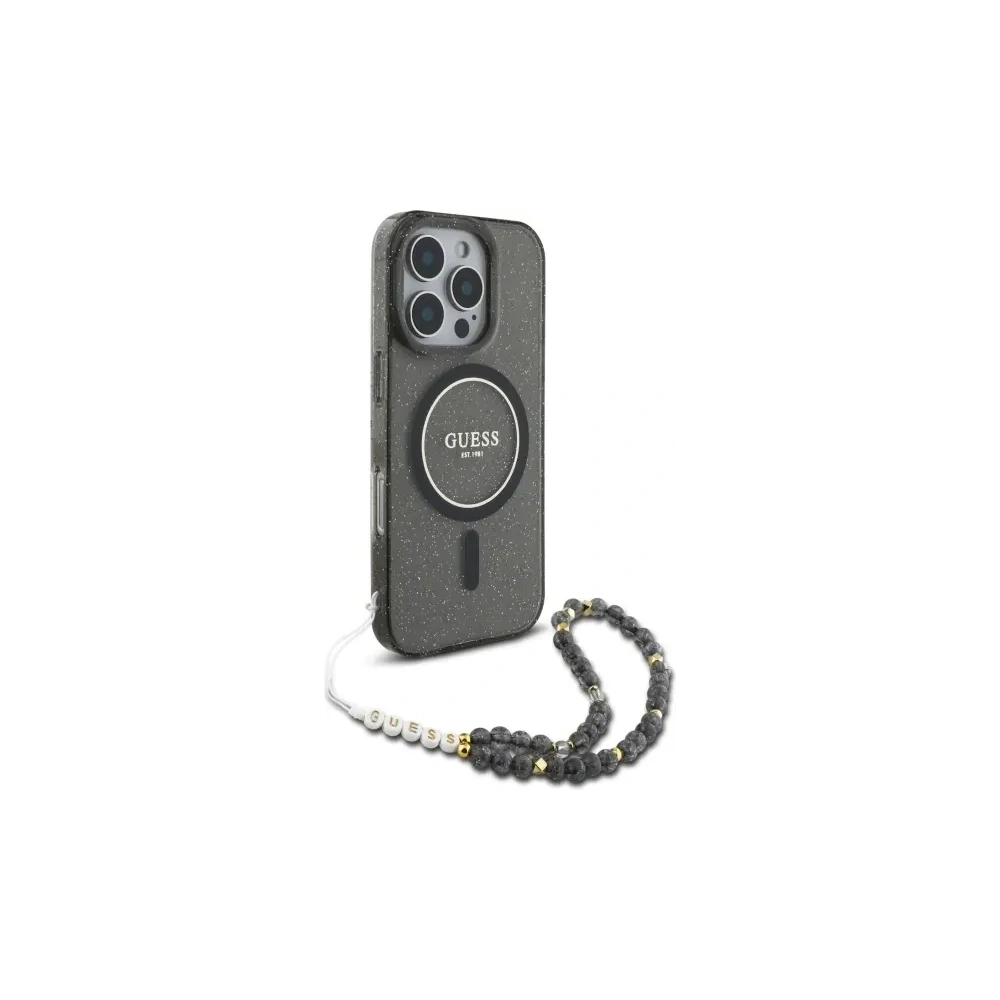 Etui Guess GUHMP16LHGCRELSK Apple iPhone 16 Pro hardcase IML Glitter With Pearl Strap MagSafe czarny/czarny