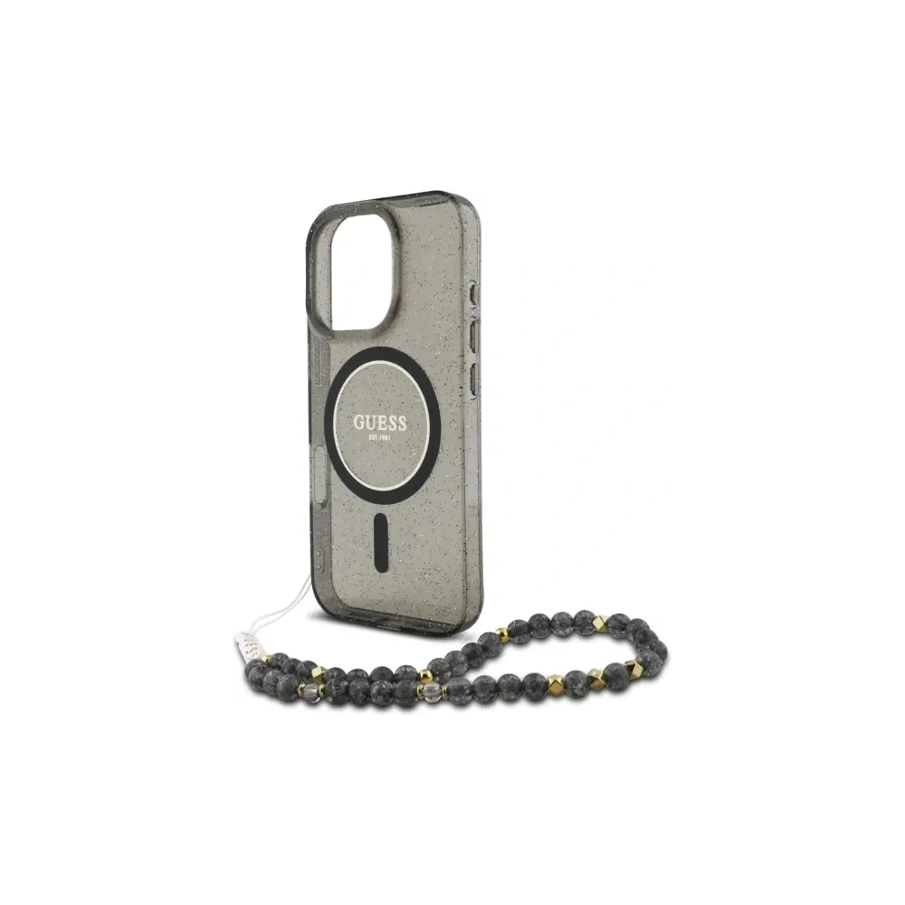 Etui Guess GUHMP16LHGCRELSK Apple iPhone 16 Pro hardcase IML Glitter With Pearl Strap MagSafe czarny/czarny