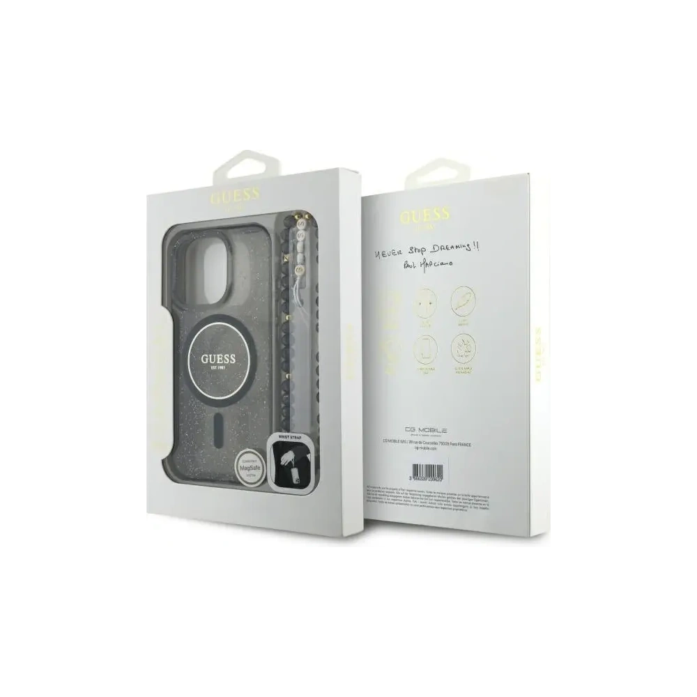 Etui Guess GUHMP16LHGCRELSK Apple iPhone 16 Pro hardcase IML Glitter With Pearl Strap MagSafe czarny/czarny