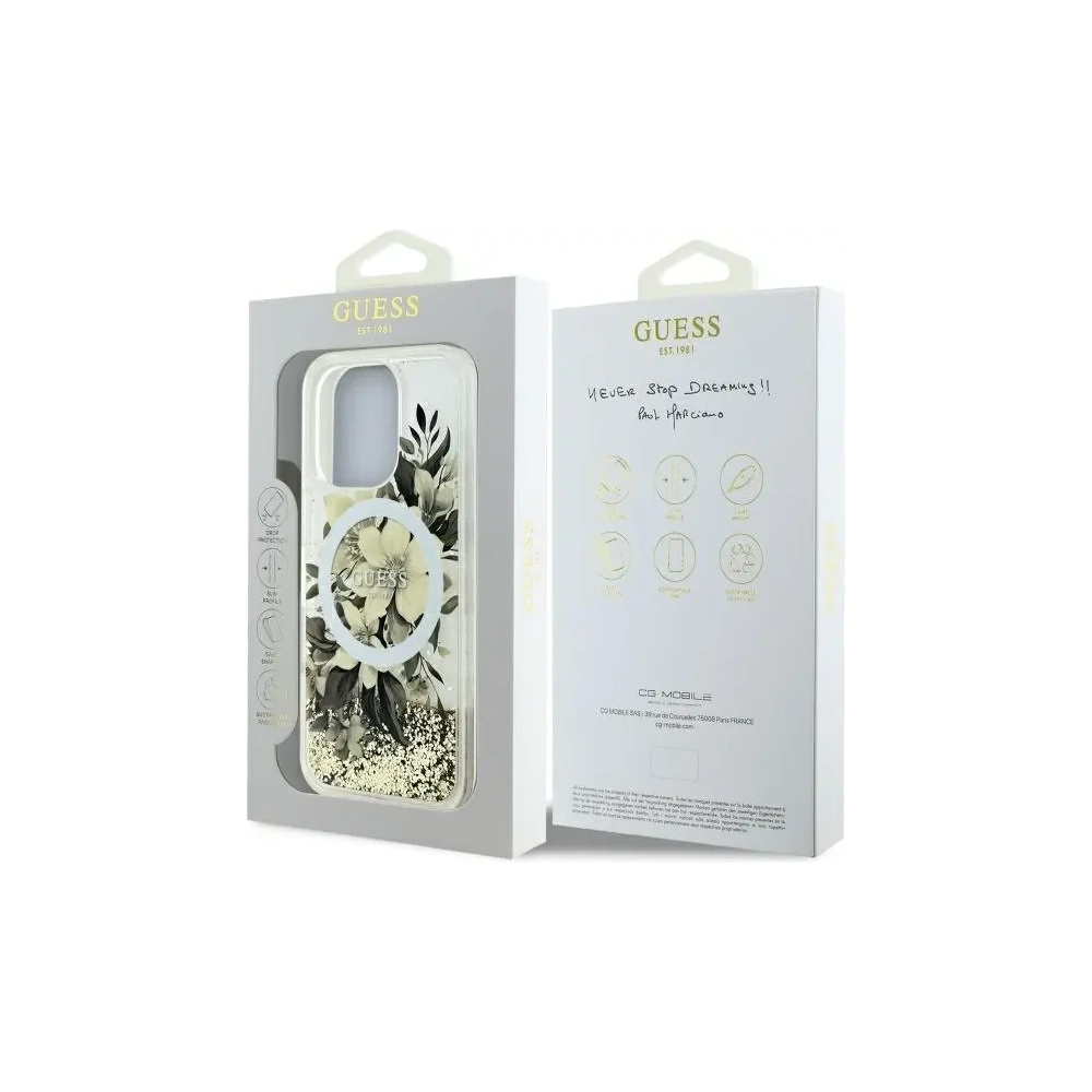 Etui Guess GUHMP16LLFMWTE Apple iPhone 16 Pro hardcase Liquid Glitter Flower MagSafe beżowy/beige