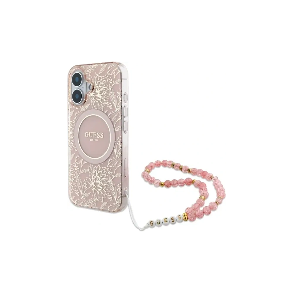 Etui Guess GUHMP16MHCPOFPP Apple iPhone 16 Plus hardcase IML Flowers Allover Electro With Pearl Strap MagSafe różowy/pink