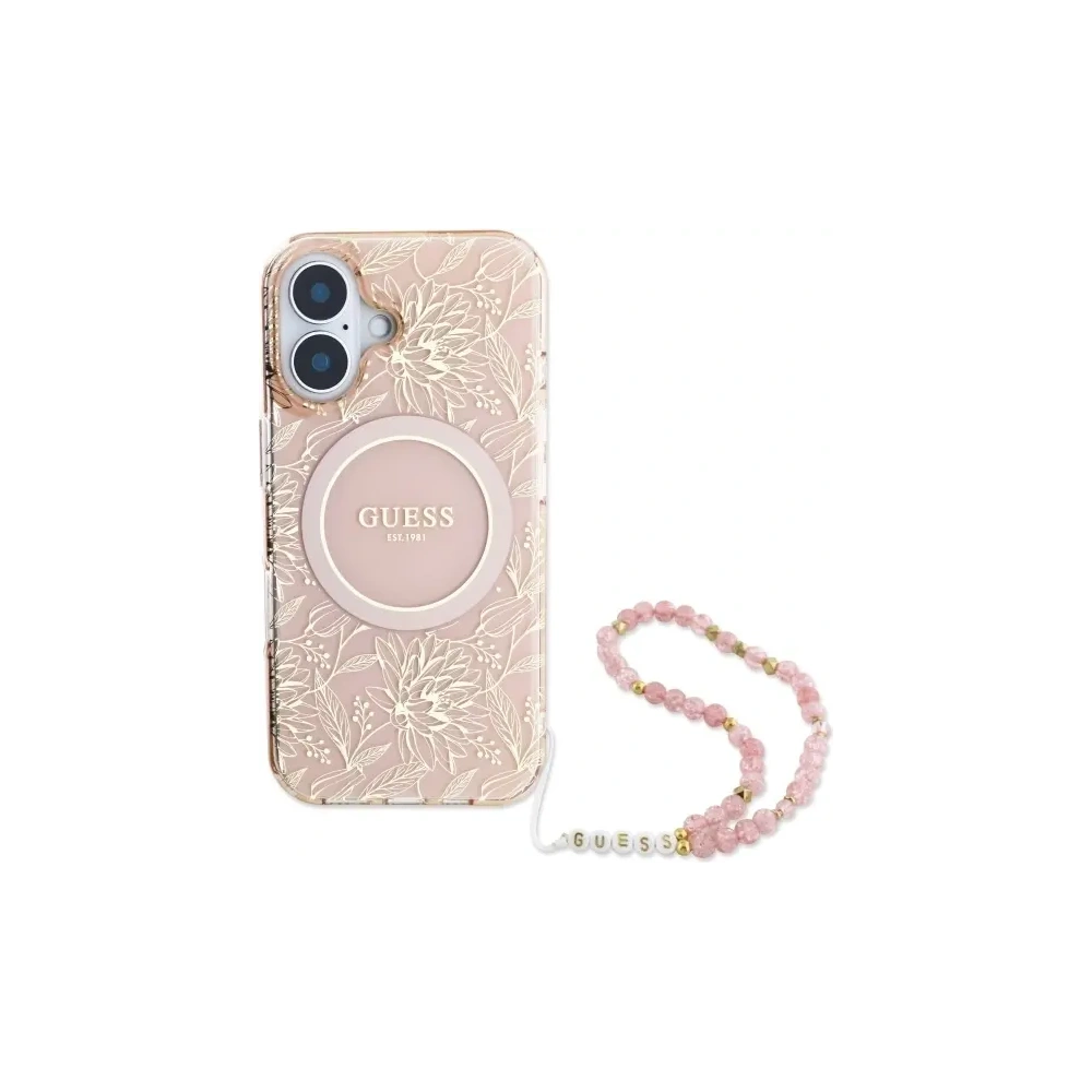 Etui Guess GUHMP16MHCPOFPP Apple iPhone 16 Plus hardcase IML Flowers Allover Electro With Pearl Strap MagSafe różowy/pink