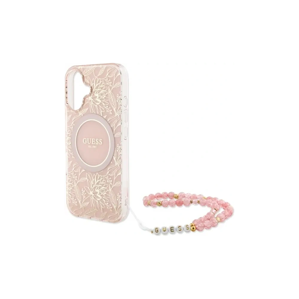 Etui Guess GUHMP16MHCPOFPP Apple iPhone 16 Plus hardcase IML Flowers Allover Electro With Pearl Strap MagSafe różowy/pink