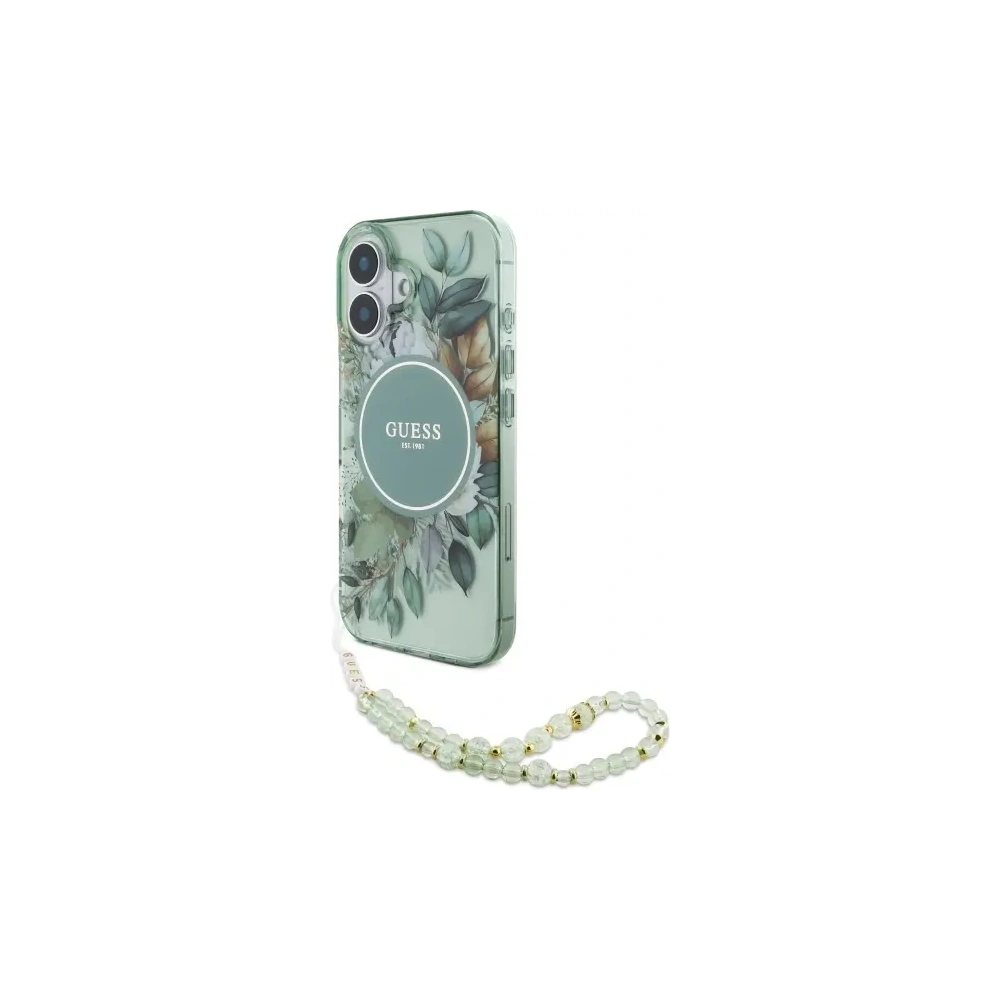 Etui Guess GUHMP16MHFWBRCESN Apple iPhone 16 Plus hardcase IML Flowers With Pearl Strap MagSafe zielony/green