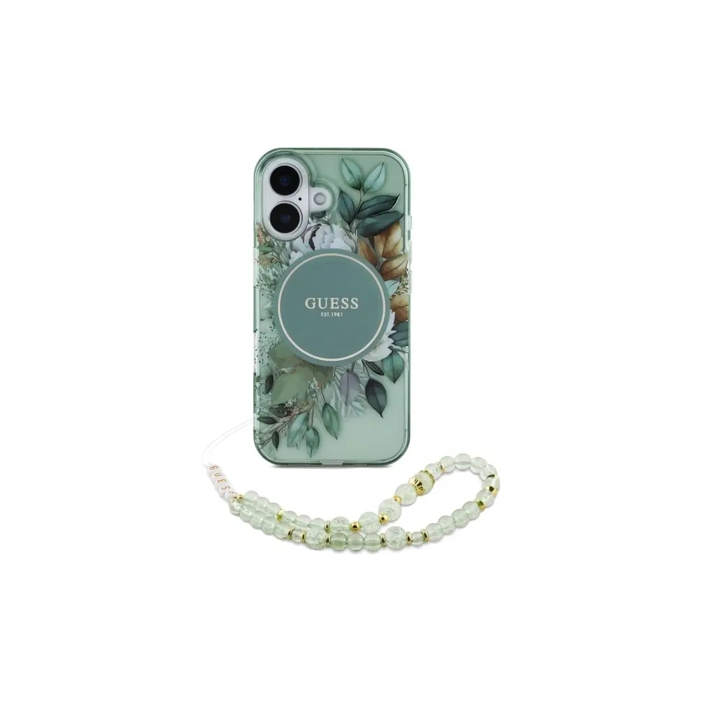 Etui Guess GUHMP16MHFWBRCESN Apple iPhone 16 Plus hardcase IML Flowers With Pearl Strap MagSafe zielony/green
