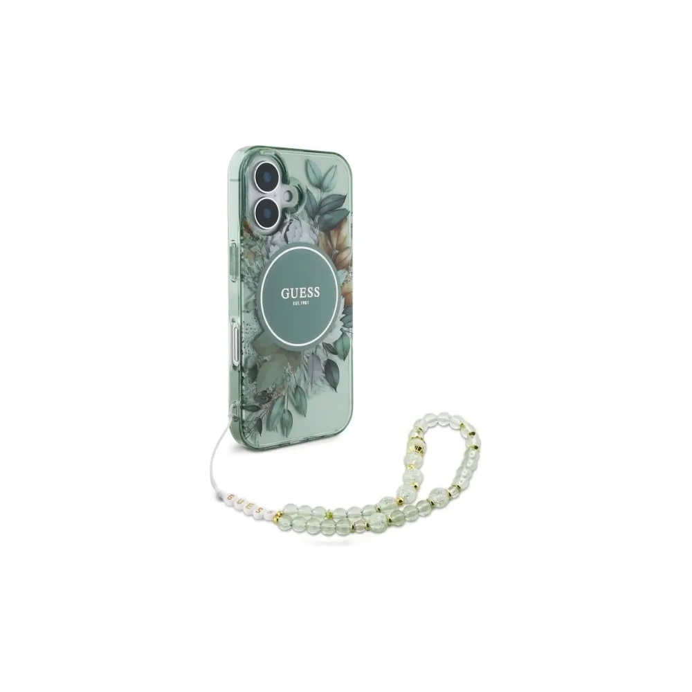 Etui Guess GUHMP16MHFWBRCESN Apple iPhone 16 Plus hardcase IML Flowers With Pearl Strap MagSafe zielony/green