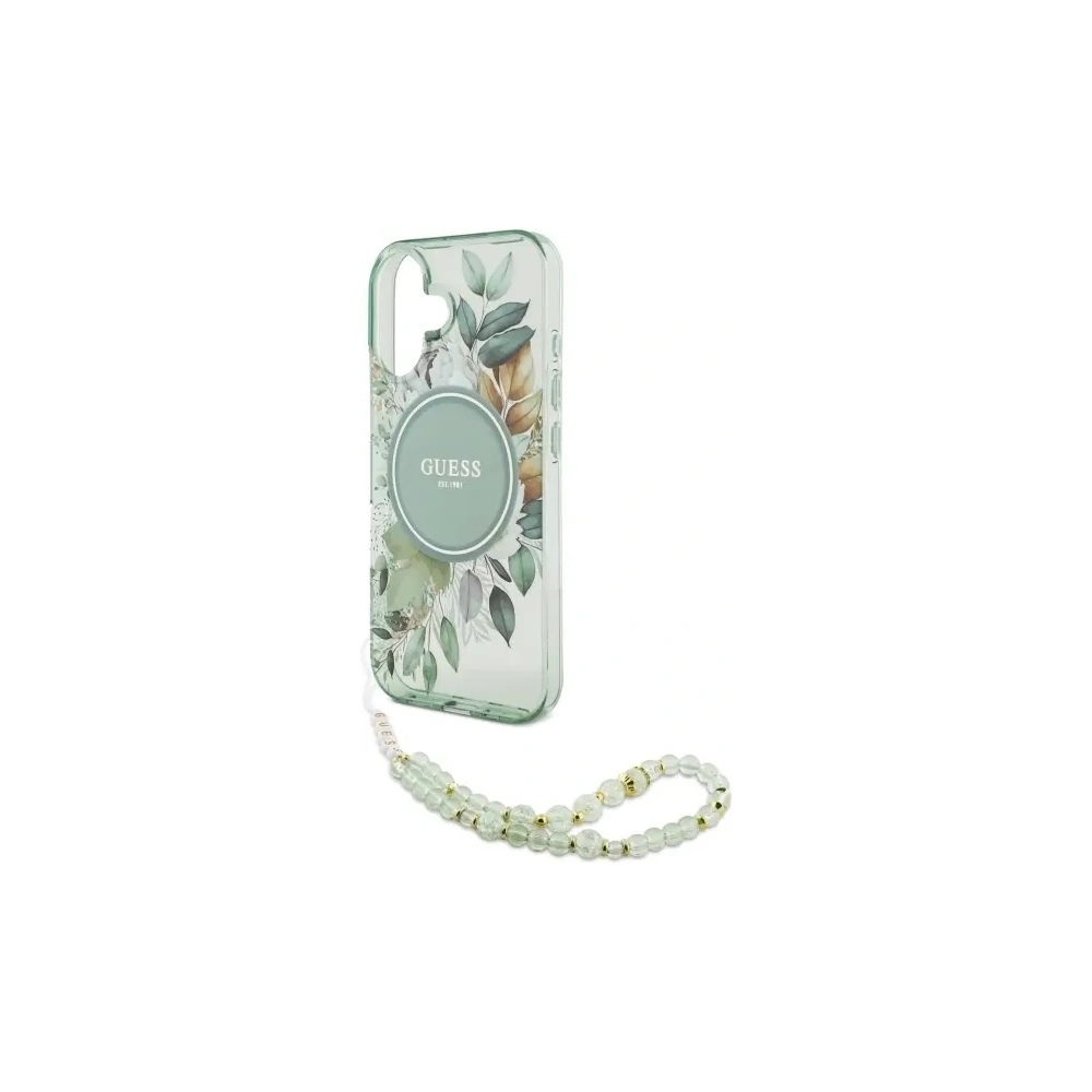 Etui Guess GUHMP16MHFWBRCESN Apple iPhone 16 Plus hardcase IML Flowers With Pearl Strap MagSafe zielony/green