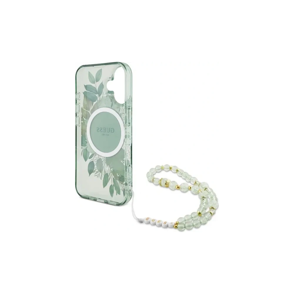 Etui Guess GUHMP16MHFWBRCESN Apple iPhone 16 Plus hardcase IML Flowers With Pearl Strap MagSafe zielony/green