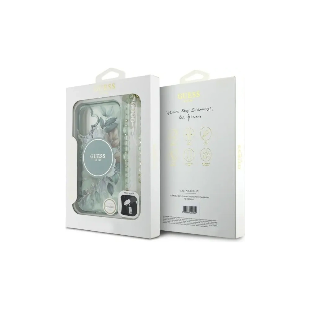 Etui Guess GUHMP16MHFWBRCESN Apple iPhone 16 Plus hardcase IML Flowers With Pearl Strap MagSafe zielony/green