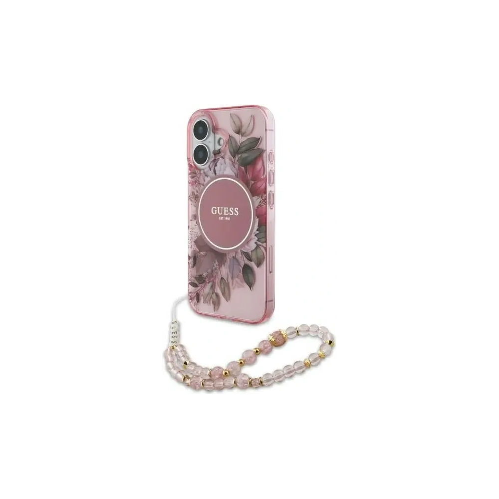 Etui Guess GUHMP16MHFWBRCESP Apple iPhone 16 Plus hardcase IML Flowers With Pearl Strap MagSafe różowy/pink