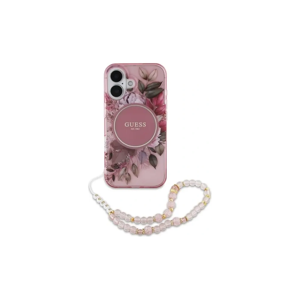Etui Guess GUHMP16MHFWBRCESP Apple iPhone 16 Plus hardcase IML Flowers With Pearl Strap MagSafe różowy/pink