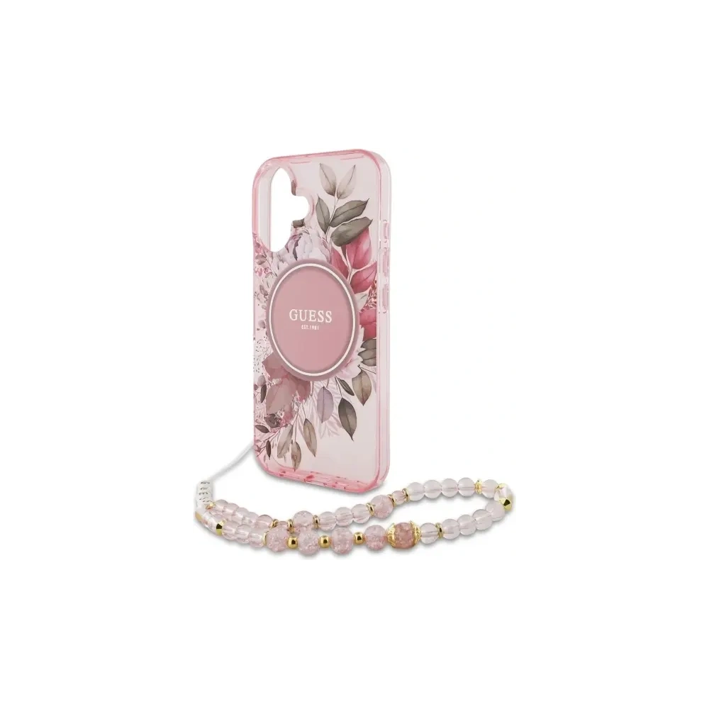 Etui Guess GUHMP16MHFWBRCESP Apple iPhone 16 Plus hardcase IML Flowers With Pearl Strap MagSafe różowy/pink