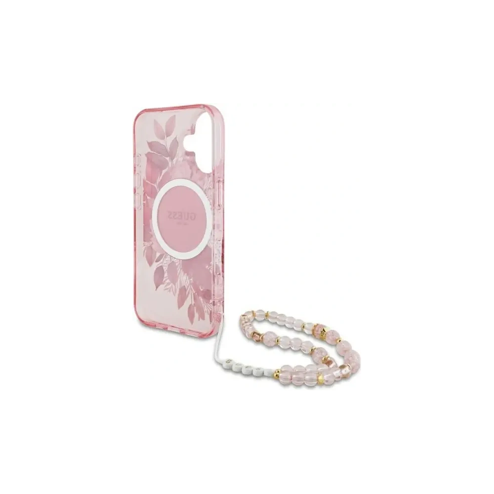 Etui Guess GUHMP16MHFWBRCESP Apple iPhone 16 Plus hardcase IML Flowers With Pearl Strap MagSafe różowy/pink