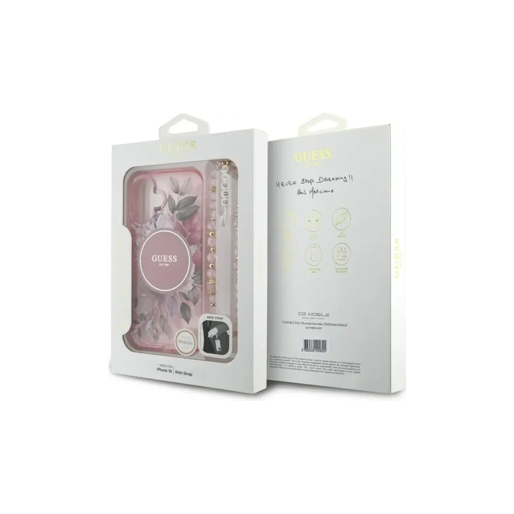 Etui Guess GUHMP16MHFWBRCESP Apple iPhone 16 Plus hardcase IML Flowers With Pearl Strap MagSafe różowy/pink