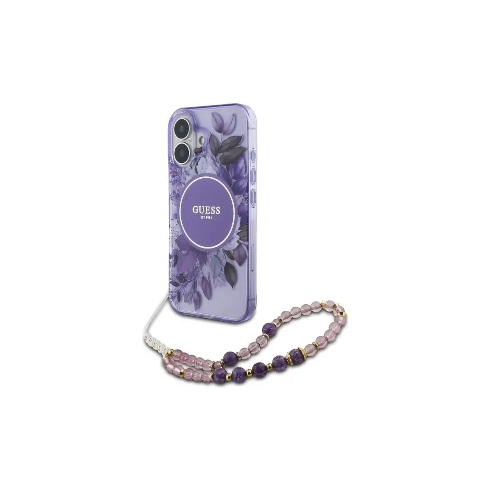 Etui Guess GUHMP16MHFWBRCESU Apple iPhone 16 Plus hardcase IML Flowers With Pearl Strap MagSafe fioletowy/purple