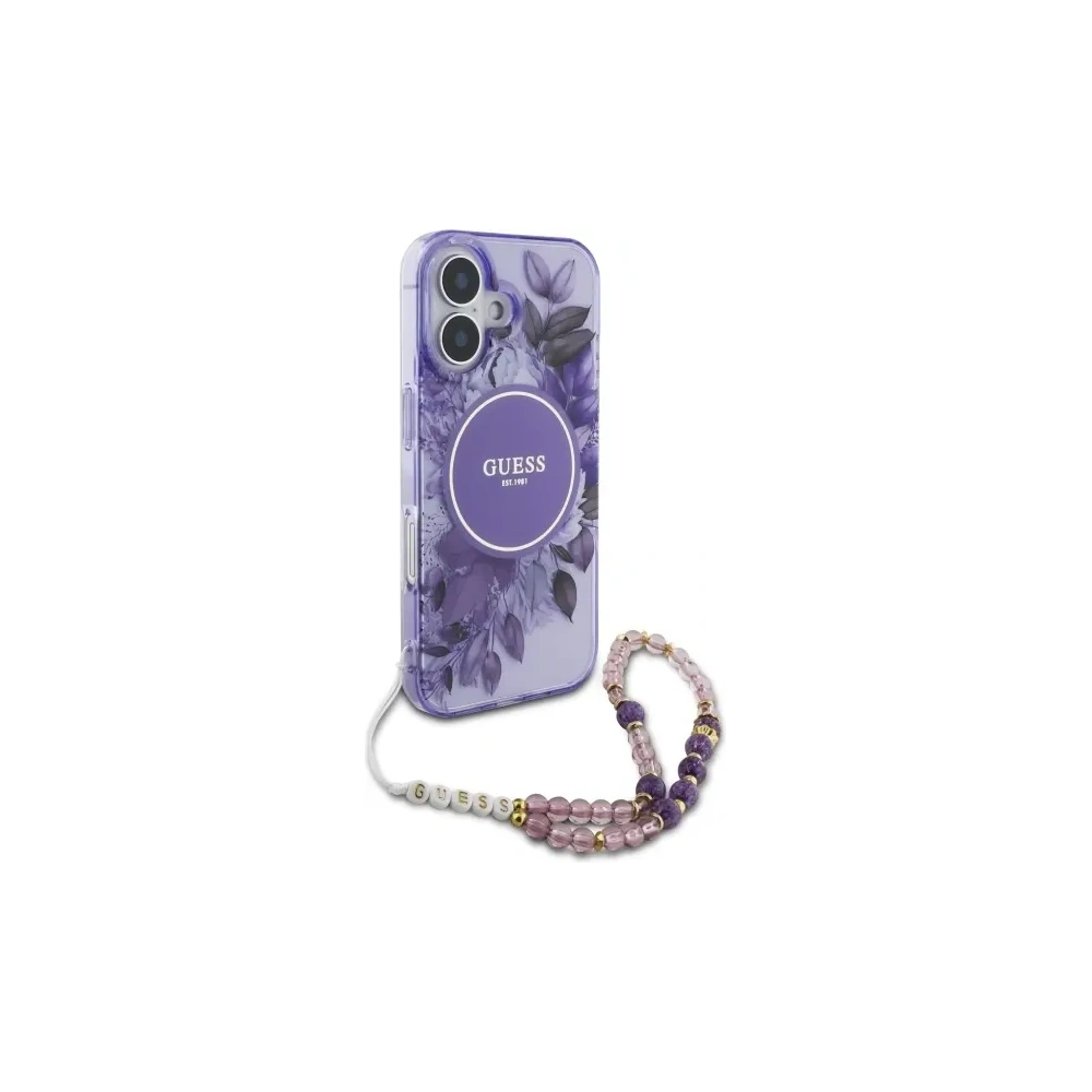 Etui Guess GUHMP16MHFWBRCESU Apple iPhone 16 Plus hardcase IML Flowers With Pearl Strap MagSafe fioletowy/purple