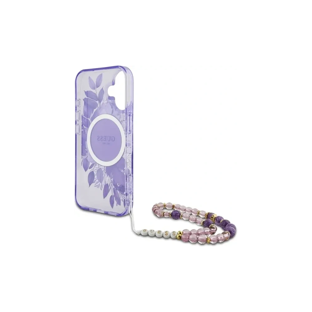 Etui Guess GUHMP16MHFWBRCESU Apple iPhone 16 Plus hardcase IML Flowers With Pearl Strap MagSafe fioletowy/purple