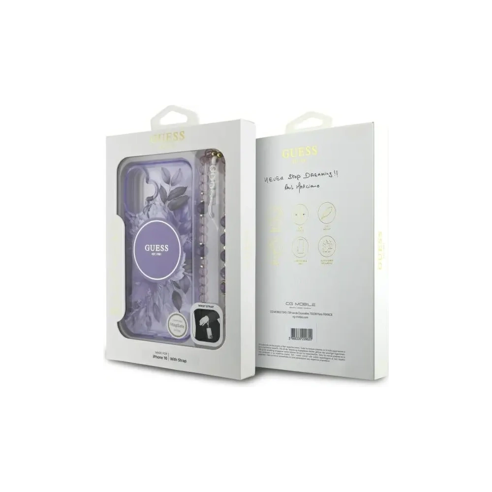 Etui Guess GUHMP16MHFWBRCESU Apple iPhone 16 Plus hardcase IML Flowers With Pearl Strap MagSafe fioletowy/purple