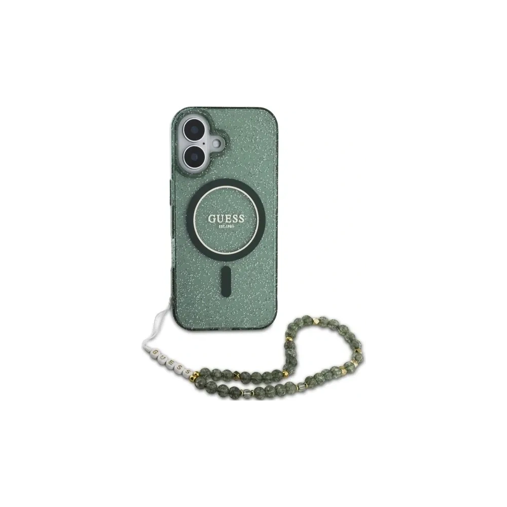 Etui Guess GUHMP16MHGCRELSA Apple iPhone 16 Plus hardcase IML Glitter With Pearl Strap MagSafe zielony/green