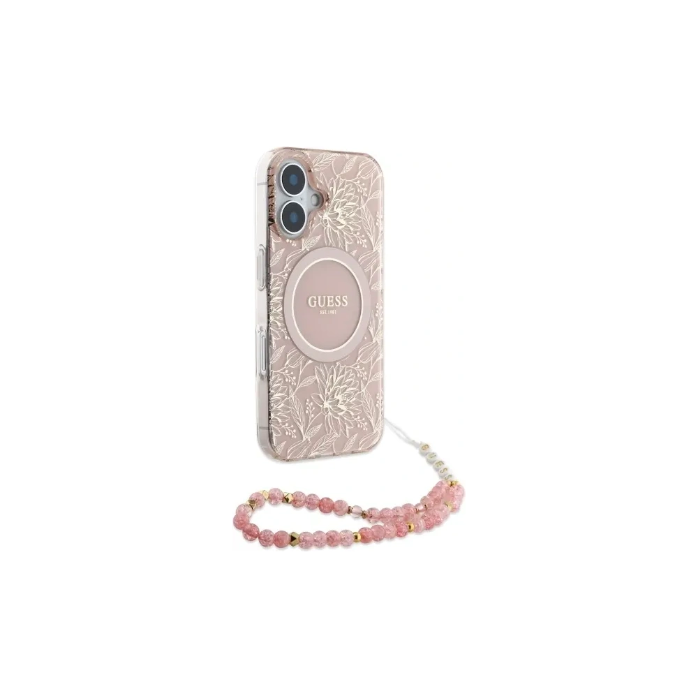 Etui Guess GUHMP16SHCPOFPP Apple iPhone 16 hardcase IML Flowers Allover Electro With Pearl Strap MagSafe różowy/pink