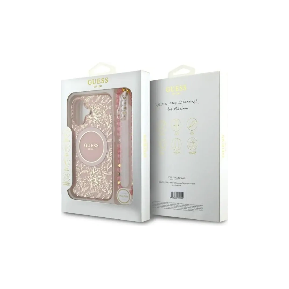 Etui Guess GUHMP16SHCPOFPP Apple iPhone 16 hardcase IML Flowers Allover Electro With Pearl Strap MagSafe różowy/pink