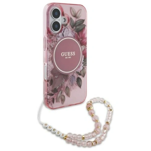 Buy Guess GUHMP16SHFWBRCESP Apple iPhone 16 hardcase IML Flowers With Pearl Strap MagSafe pink - GUE4152 - {ean13} - Home Screen Store Europe