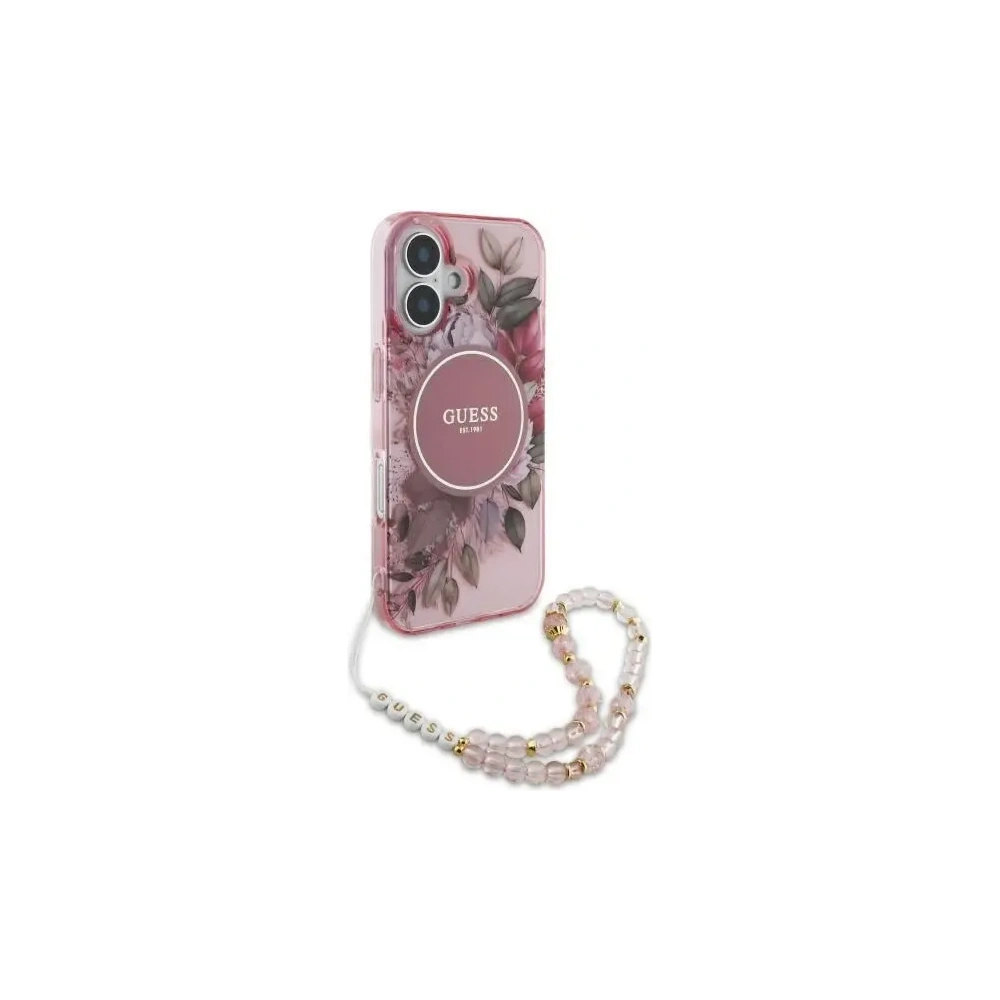 Etui Guess GUHMP16SHFWBRCESP Apple iPhone 16 hardcase IML Flowers With Pearl Strap MagSafe różowy/pink