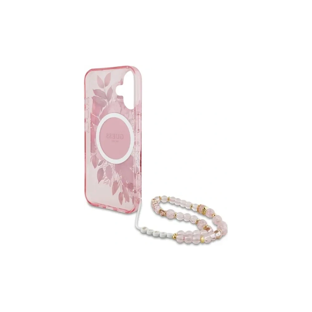 Etui Guess GUHMP16SHFWBRCESP Apple iPhone 16 hardcase IML Flowers With Pearl Strap MagSafe różowy/pink