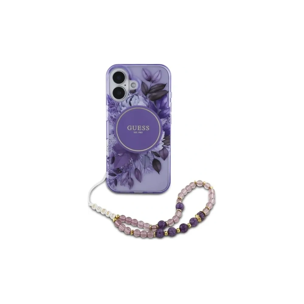 Etui Guess GUHMP16SHFWBRCESU Apple iPhone 16 hardcase IML Flowers With Pearl Strap MagSafe fioletowy/purple