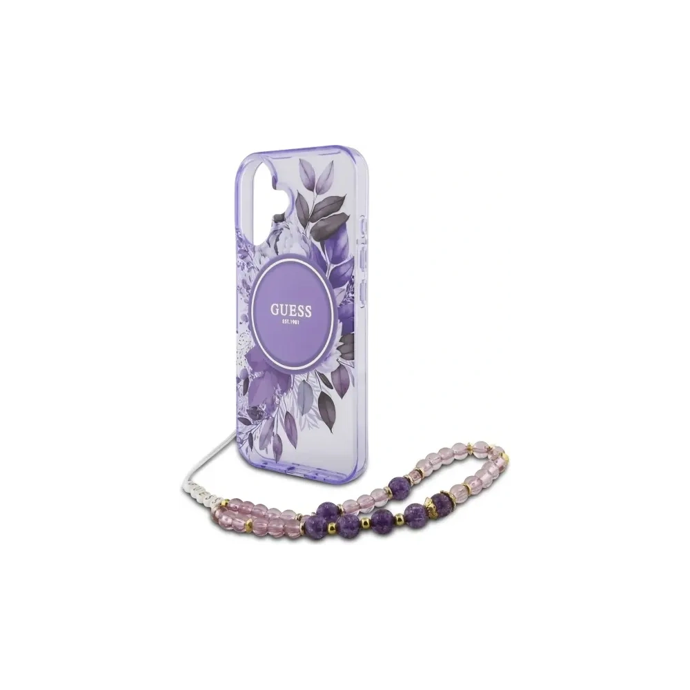 Etui Guess GUHMP16SHFWBRCESU Apple iPhone 16 hardcase IML Flowers With Pearl Strap MagSafe fioletowy/purple