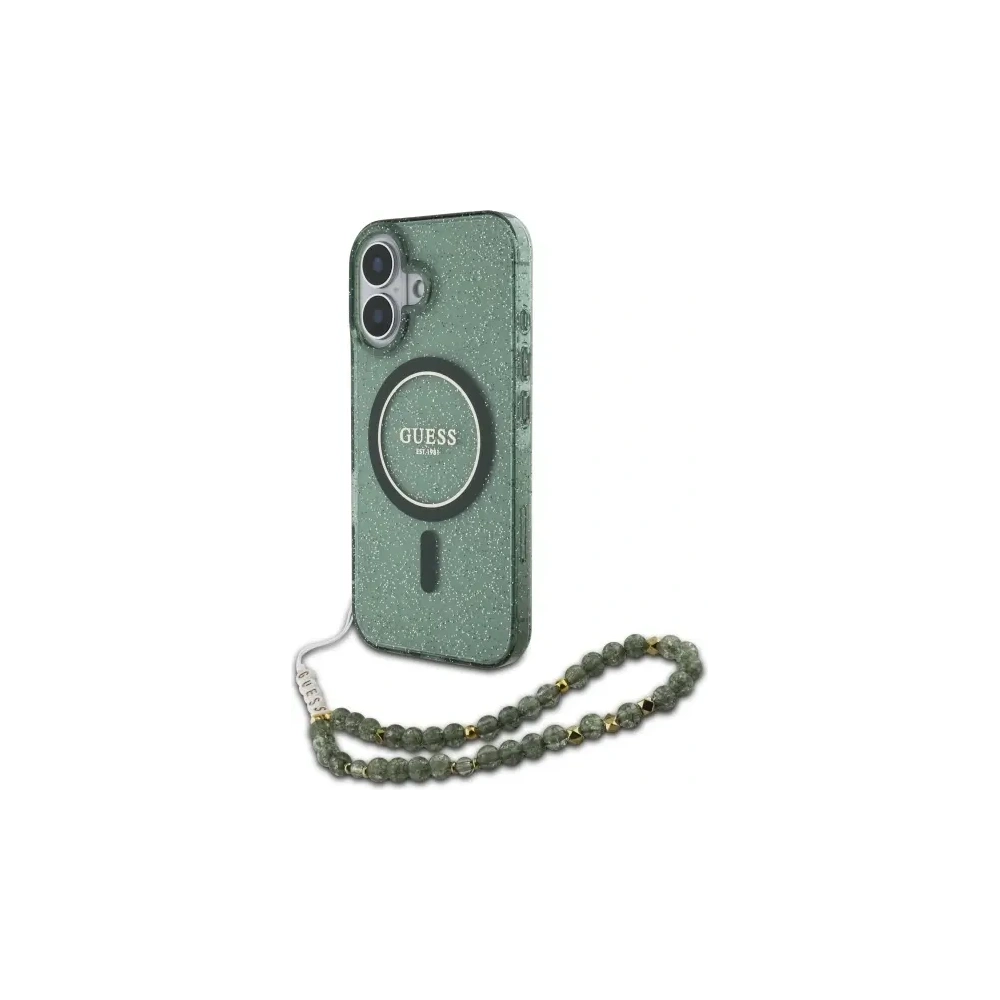 Etui Guess GUHMP16SHGCRELSA Apple iPhone 16 hardcase IML Glitter With Pearl Strap MagSafe zielony/green