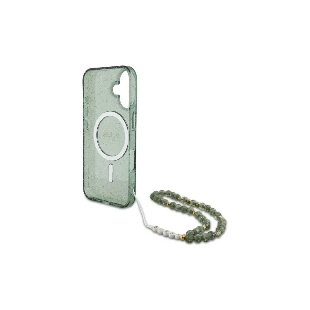 Etui Guess GUHMP16SHGCRELSA Apple iPhone 16 hardcase IML Glitter With Pearl Strap MagSafe zielony/green