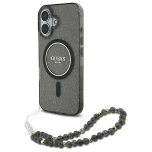 Buy Guess GUHMP16SHGCRELSK Apple iPhone 16 hardcase IML Glitter With Pearl Strap MagSafe black - GUE4155 - {ean13} - Home Screen Store Europe