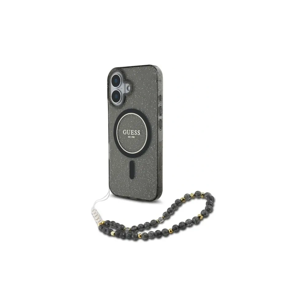 Etui Guess GUHMP16SHGCRELSK Apple iPhone 16 hardcase IML Glitter With Pearl Strap MagSafe czarny/czarny