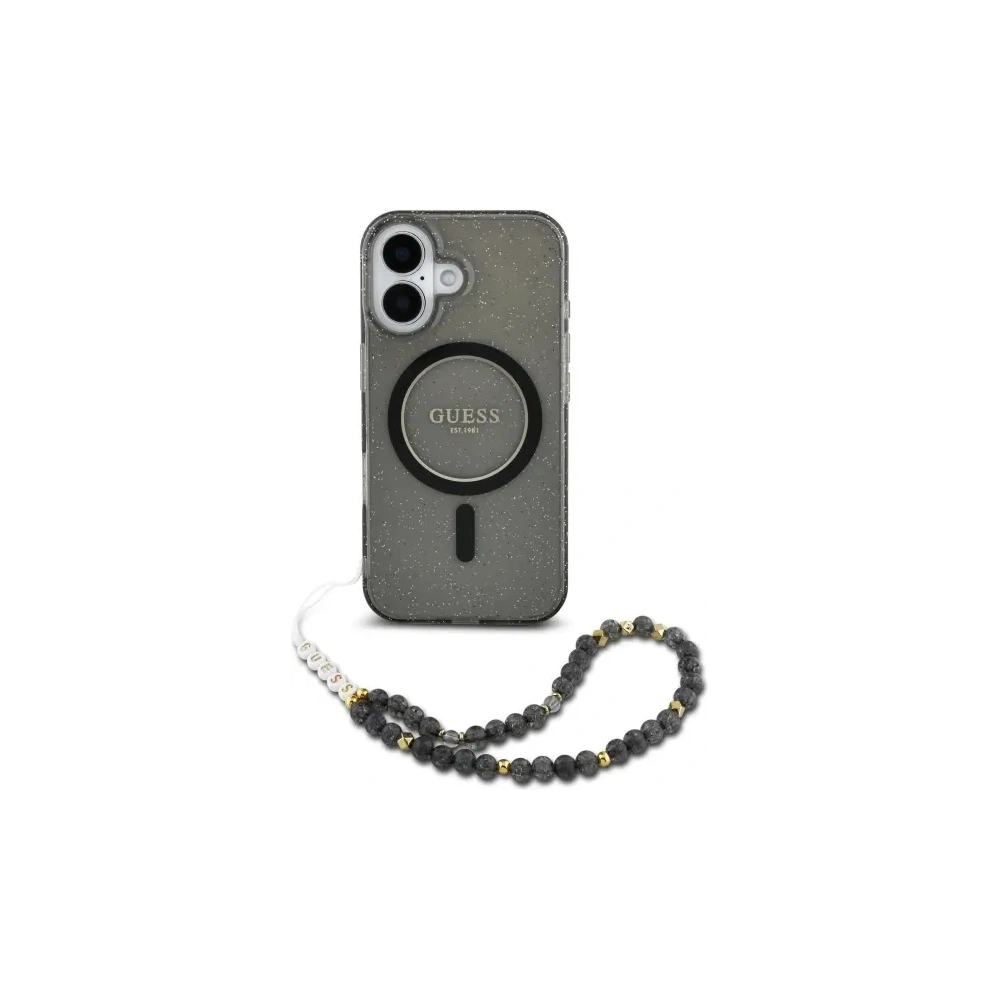 Etui Guess GUHMP16SHGCRELSK Apple iPhone 16 hardcase IML Glitter With Pearl Strap MagSafe czarny/czarny
