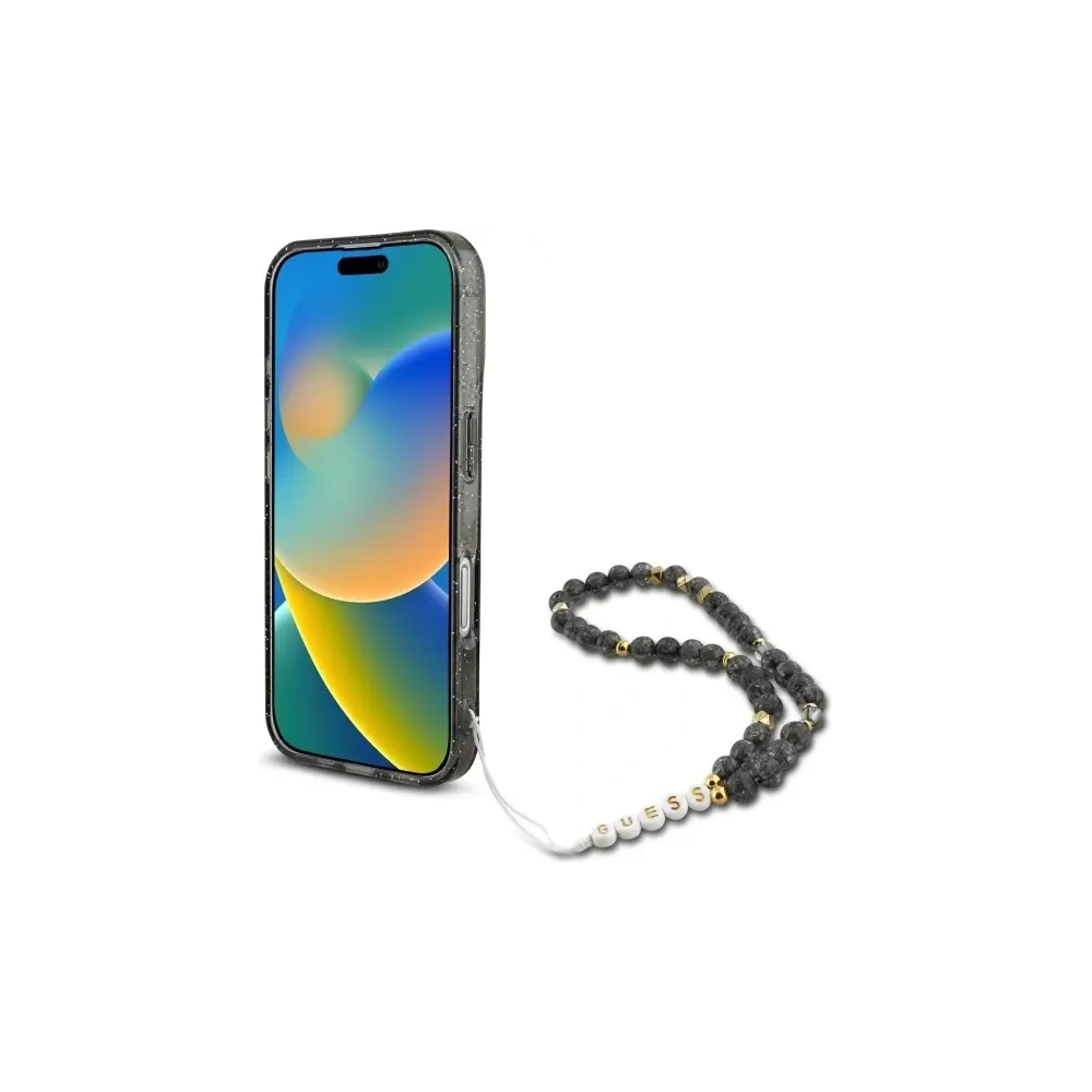 Etui Guess GUHMP16SHGCRELSK Apple iPhone 16 hardcase IML Glitter With Pearl Strap MagSafe czarny/czarny
