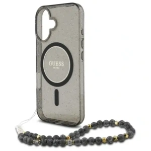 Buy Guess GUHMP16SHGCRELSK Apple iPhone 16 hardcase IML Glitter With Pearl Strap MagSafe black - GUE4155 - {ean13} - Home Screen Store Europe