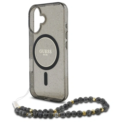 Buy Guess GUHMP16SHGCRELSK Apple iPhone 16 hardcase IML Glitter With Pearl Strap MagSafe black - GUE4155 - {ean13} - Home Screen Store Europe