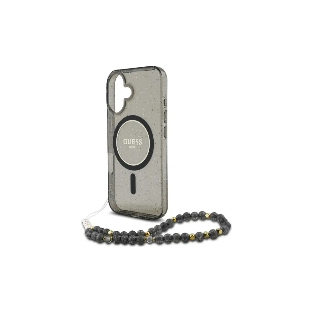 Etui Guess GUHMP16SHGCRELSK Apple iPhone 16 hardcase IML Glitter With Pearl Strap MagSafe czarny/czarny