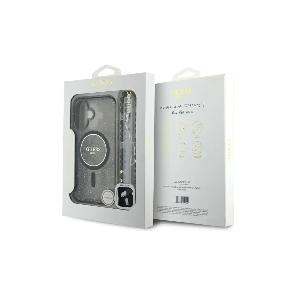 Etui Guess GUHMP16SHGCRELSK Apple iPhone 16 hardcase IML Glitter With Pearl Strap MagSafe czarny/czarny