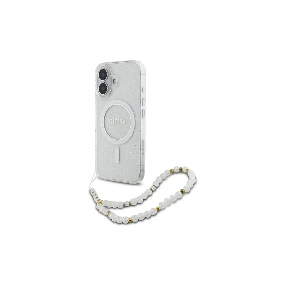 Etui Guess GUHMP16SHGCRELST Apple iPhone 16 hardcase IML Glitter With Pearl Strap MagSafe przeźroczysty/transparent
