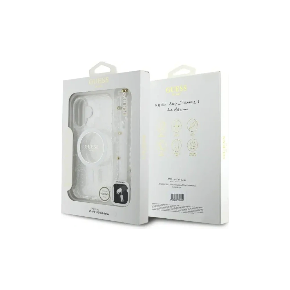 Etui Guess GUHMP16SHGCRELST Apple iPhone 16 hardcase IML Glitter With Pearl Strap MagSafe przeźroczysty/transparent
