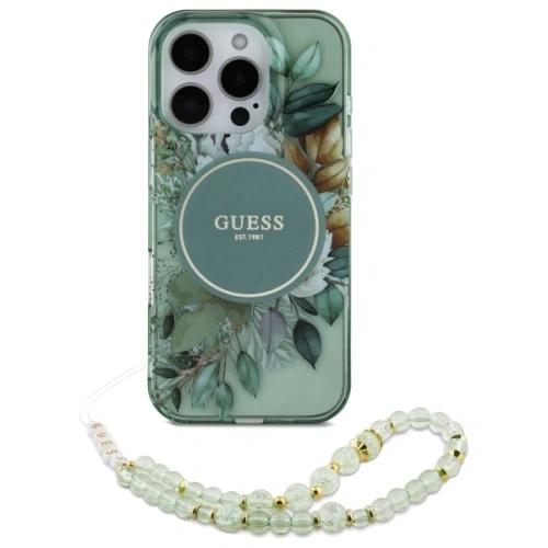 Kup Guess GUHMP16XHFWBRCESN Apple iPhone 16 Pro Max Hardcase IML Blumen mit Perlenband MagSafe grün - GUE4161 - {ean13} - Sklep Home Screen