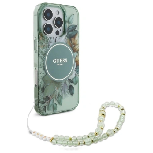 Kup Guess GUHMP16XHFWBRCESN Apple iPhone 16 Pro Max Hardcase IML Blumen mit Perlenband MagSafe grün - GUE4161 - {ean13} - Sklep Home Screen