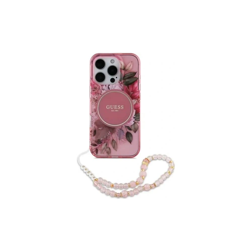 Etui Guess GUHMP16XHFWBRCESP Apple iPhone 16 Pro Max hardcase IML Flowers With Pearl Strap MagSafe różowy/pink