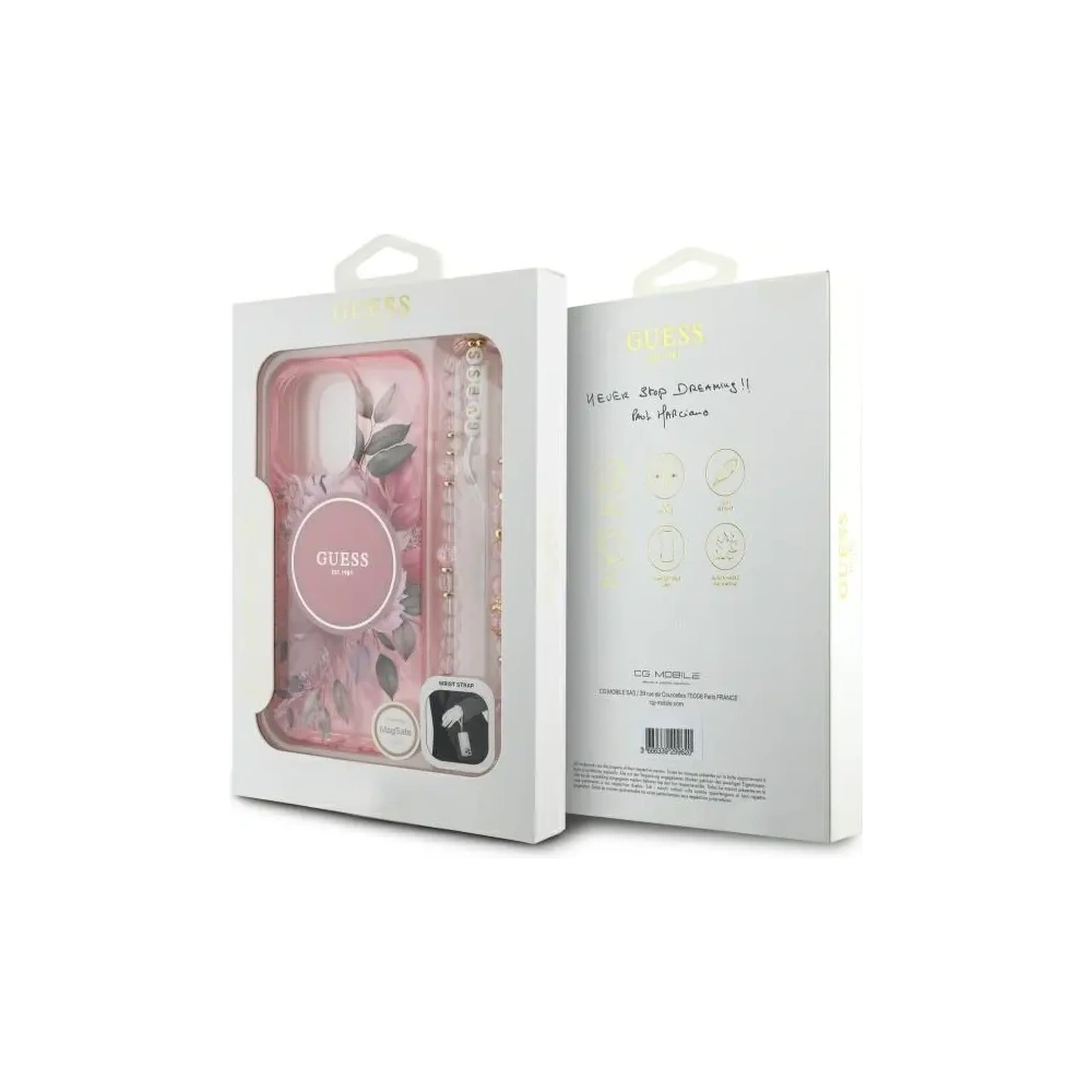 Etui Guess GUHMP16XHFWBRCESP Apple iPhone 16 Pro Max hardcase IML Flowers With Pearl Strap MagSafe różowy/pink