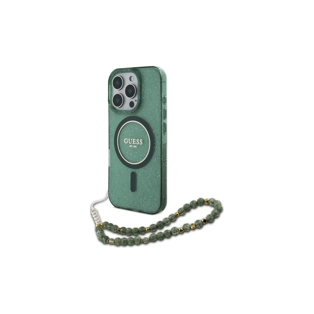 Etui Guess GUHMP16XHGCRELSA Apple iPhone 16 Pro Max hardcase hardcase IML Glitter With Pearl Strap MagSafe zielony/green