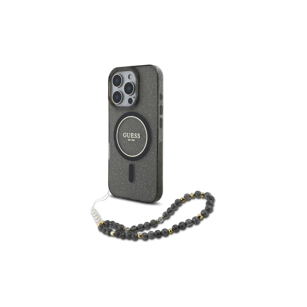 Etui Guess GUHMP16XHGCRELSK Apple iPhone 16 Pro Max hardcase IML Glitter With Pearl Strap MagSafe czarny/czarny